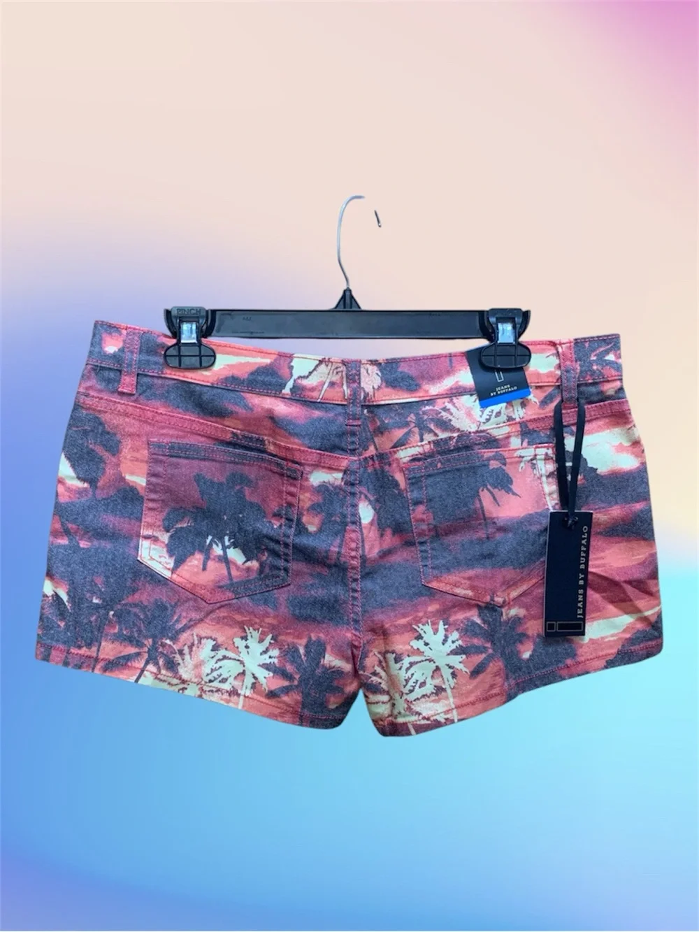 NWT Jeans by Buffalo Women's Tropical Sunset Palm Tree Print Jean Shorts W 12
